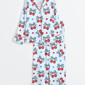 Womenâ€™s Patriotic 4th Of July Cherry Coquette Bow Print Long Sleeve Satin Pajama Set