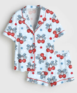 Women's Patriotic 4th Of July Cherry Coquette Bow Print Short Sleeve Satin Pajama Set