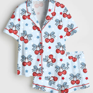 Womenâ€™s Patriotic 4th Of July Cherry Coquette Bow Print Short Sleeve Satin Pajama Set
