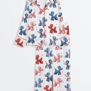 Womenâ€™s Patriotic Balloon Dog 4th Of July Animal Red White Blue Star USA Print Long Sleeve Satin Pajama Set