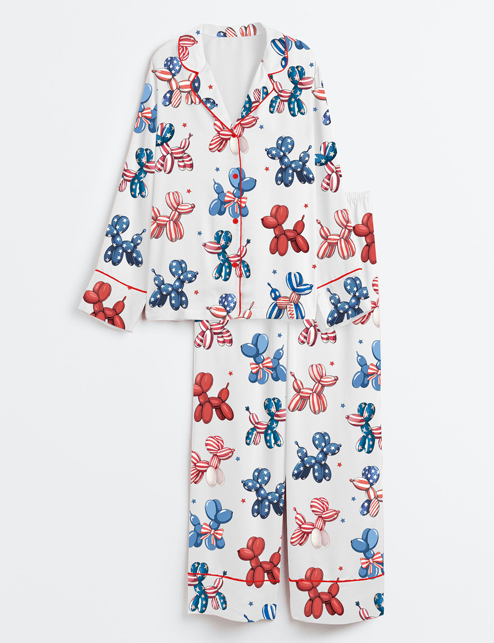 Women's Patriotic Balloon Dog 4th Of July Animal Red White Blue Star USA Print Long Sleeve Satin Pajamas Set
