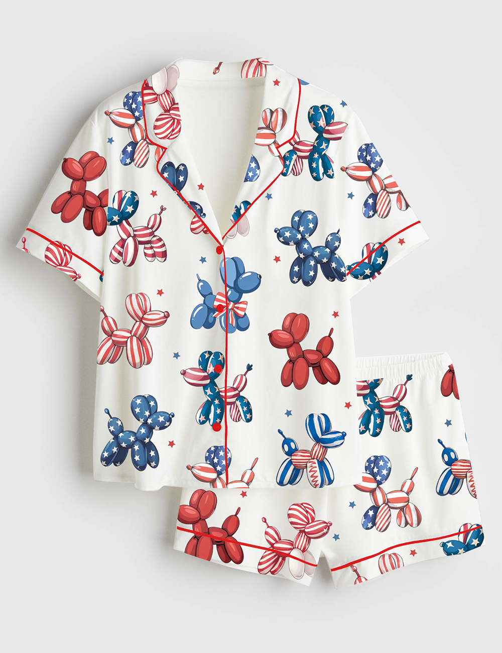 Womenâ€™s Patriotic Balloon Dog 4th Of July Animal Red White Blue Star USA Print Short Sleeve Satin Pajama Set