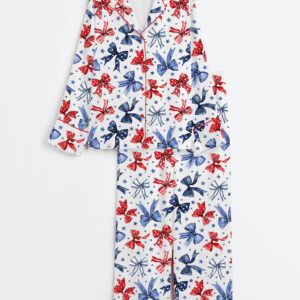 Women's Patriotic Bows 4th Of July Red White And Blue Ribbon Long Sleeve Satin Pajamas Set