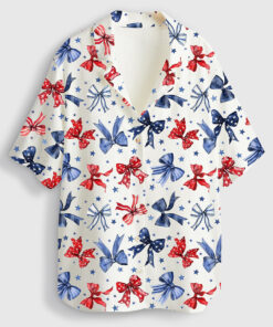 Women's Patriotic Bows 4th Of July Red White And Blue Ribbon Short Sleeve Linen Blend Hawaiian Shirt