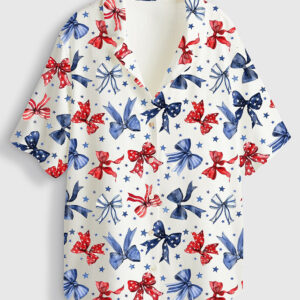 Womenâ€™s Patriotic Bows 4th Of July Red White And Blue Ribbon Short Sleeve Linen Blend Hawaiian Shirt