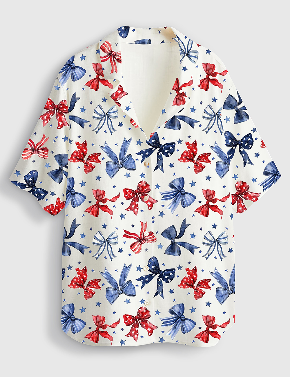 Womenâ€™s Patriotic Bows 4th Of July Red White And Blue Ribbon Short Sleeve Linen Blend Hawaiian Shirt