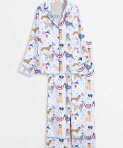 Women's Patriotic Dog Art America Red White And Blue Summer Print Long Sleeve Satin Pajama Set