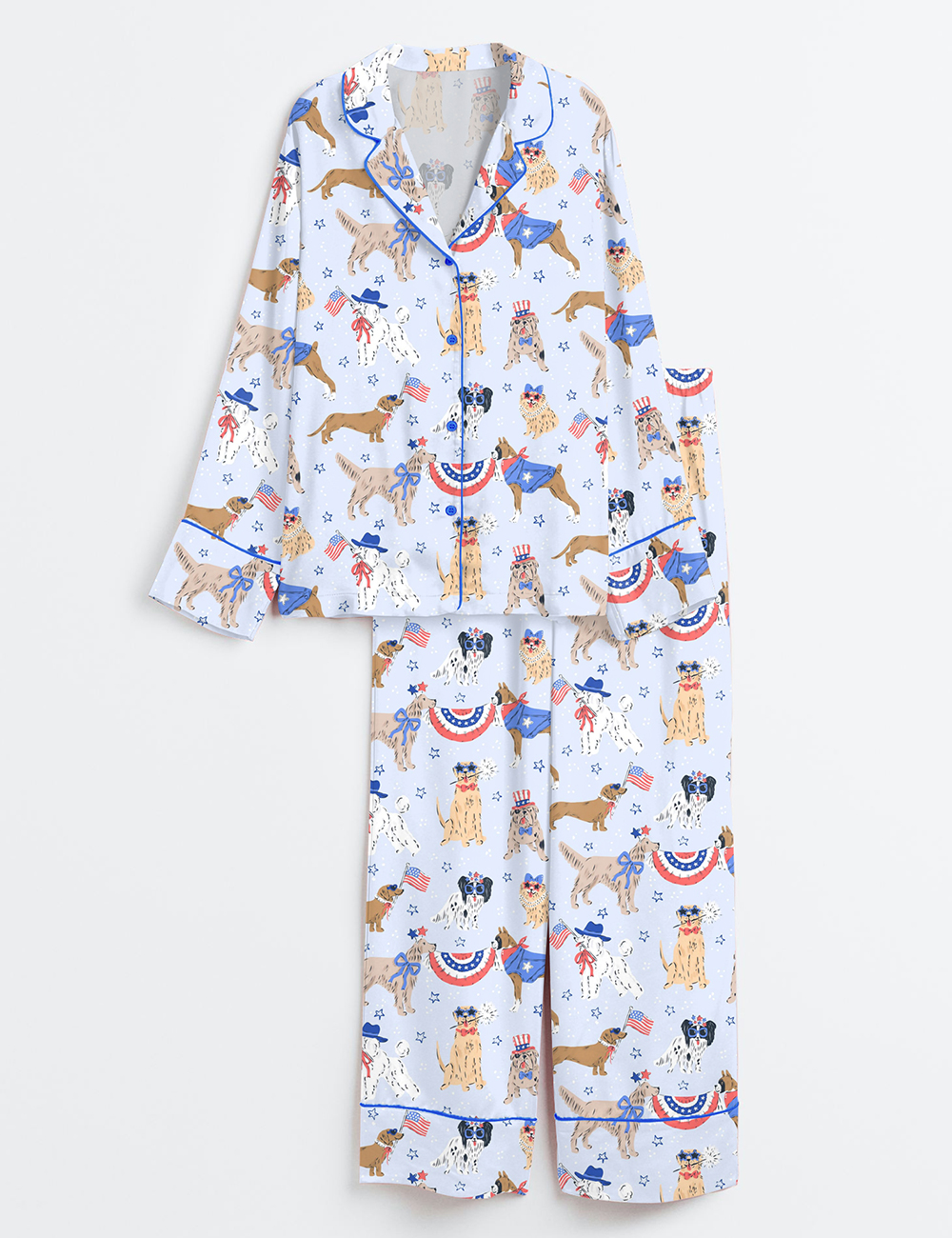 Womenâ€™s Patriotic Dog Art America Red White And Blue Summer Print Long Sleeve Satin Pajama Set