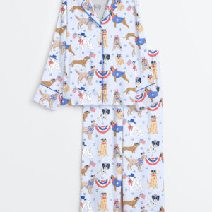 Women's Patriotic Dog Art America Red White And Blue Summer Print Long Sleeve Satin Pajamas Set