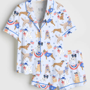 Womenâ€™s Patriotic Dog Art America Red White And Blue Summer Print Short Sleeve Satin Pajama Set