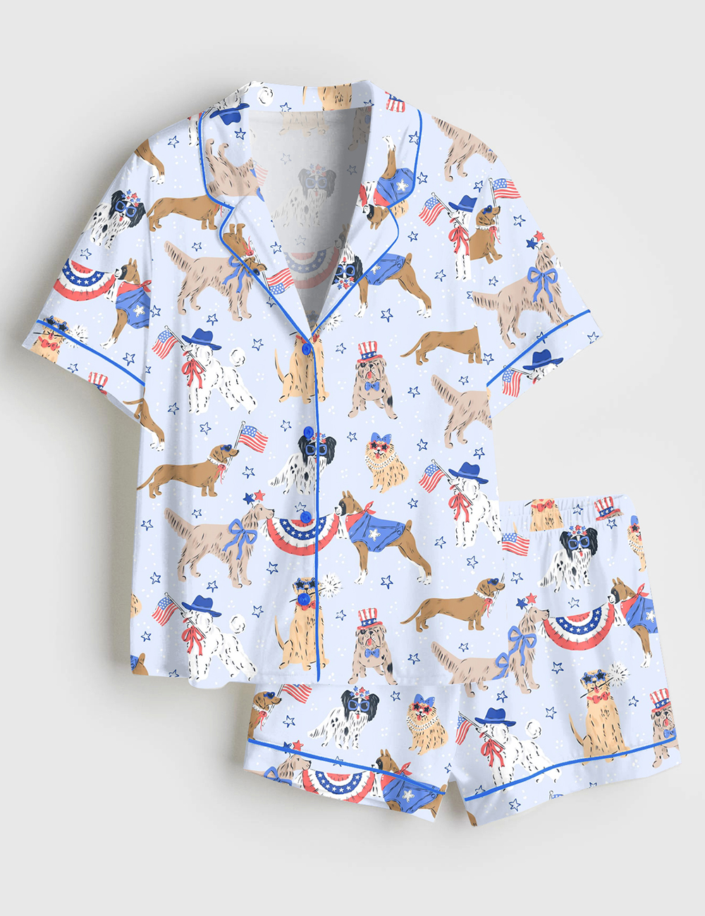 Womenâ€™s Patriotic Dog Art America Red White And Blue Summer Print Short Sleeve Satin Pajama Set