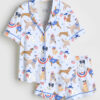 Women's Patriotic Dog Art America Red White And Blue Summer Print Short Sleeve Satin Pajama Set