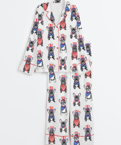 Women's Patriotic French Bulldog 4th Of July Dog Long Sleeve Satin Pajama Set