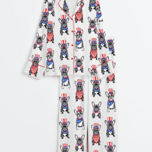 Womenâ€™s Patriotic French Bulldog 4th Of July Dog Long Sleeve Satin Pajama Set