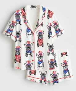 Women's Patriotic French Bulldog 4th Of July Dog Short Sleeve Satin Pajama Set