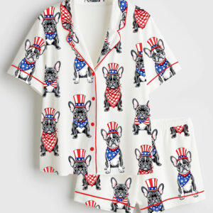 Womenâ€™s Patriotic French Bulldog 4th Of July Dog Short Sleeve Satin Pajama Set