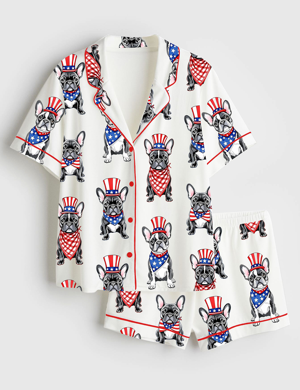 Womenâ€™s Patriotic French Bulldog 4th Of July Dog Short Sleeve Satin Pajama Set