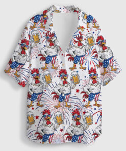 Women's Patriotic Rooster With Beer 4th Of July Short Sleeve Linen Blend Hawaiian Shirt