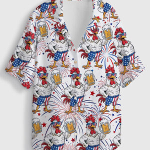 Womenâ€™s Patriotic Rooster With Beer 4th Of July Short Sleeve Linen Blend Hawaiian Shirt