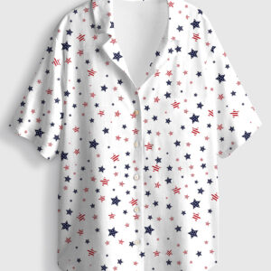 Womenâ€™s Patriotic Star 4th Of July Short Sleeve Linen Blend Hawaiian Shirt