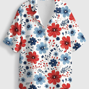 Womenâ€™s Patriotic Watercolor Floral 4th Of July Short Sleeve Linen Blend Hawaiian Shirt