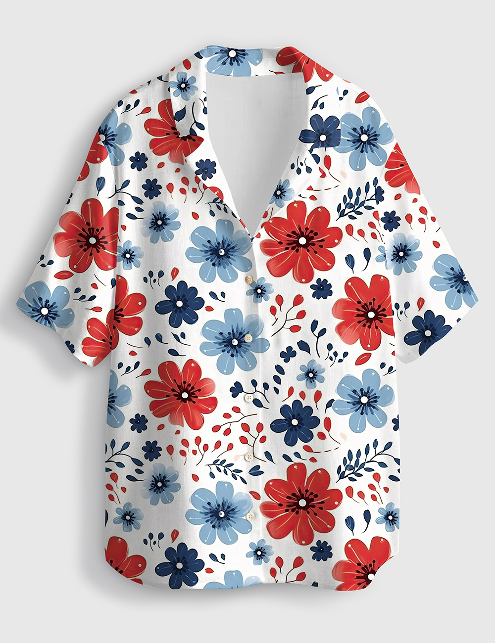 Womenâ€™s Patriotic Watercolor Floral 4th Of July Short Sleeve Linen Blend Hawaiian Shirt