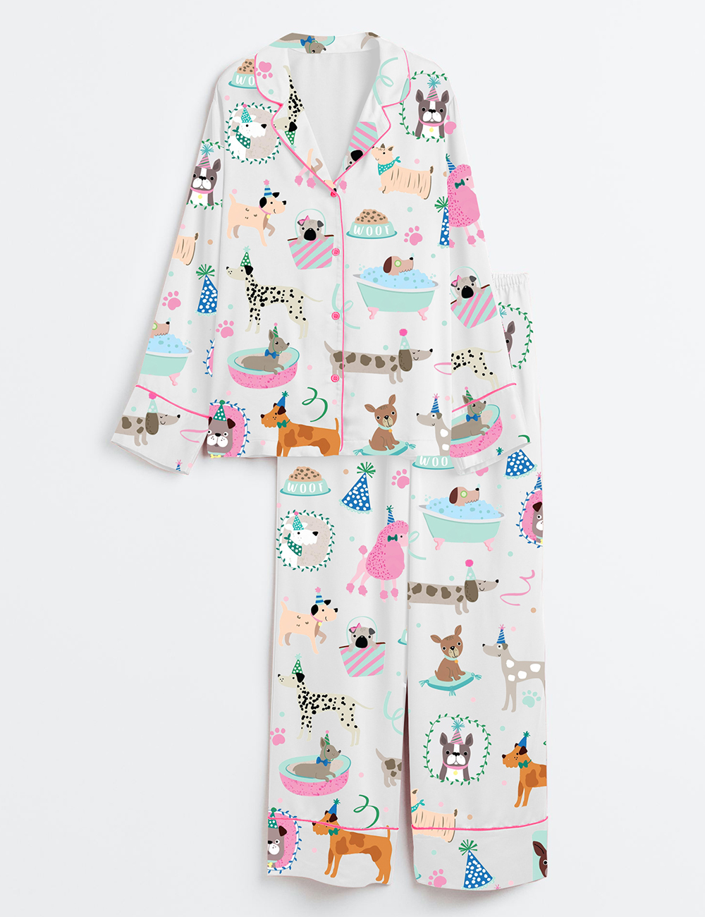 Womenâ€™s Pawty Pups Cute Dog Party Art Print Long Sleeve Satin Pajama Set