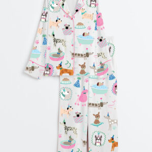 Women's Pawty Pups Cute Dog Party Art Print Long Sleeve Satin Pajamas Set