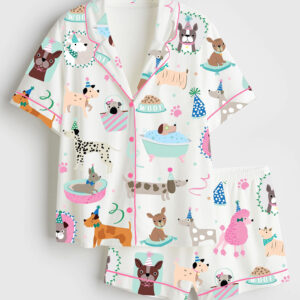 Womenâ€™s Pawty Pups Cute Dog Party Art Print Short Sleeve Satin Pajama Set