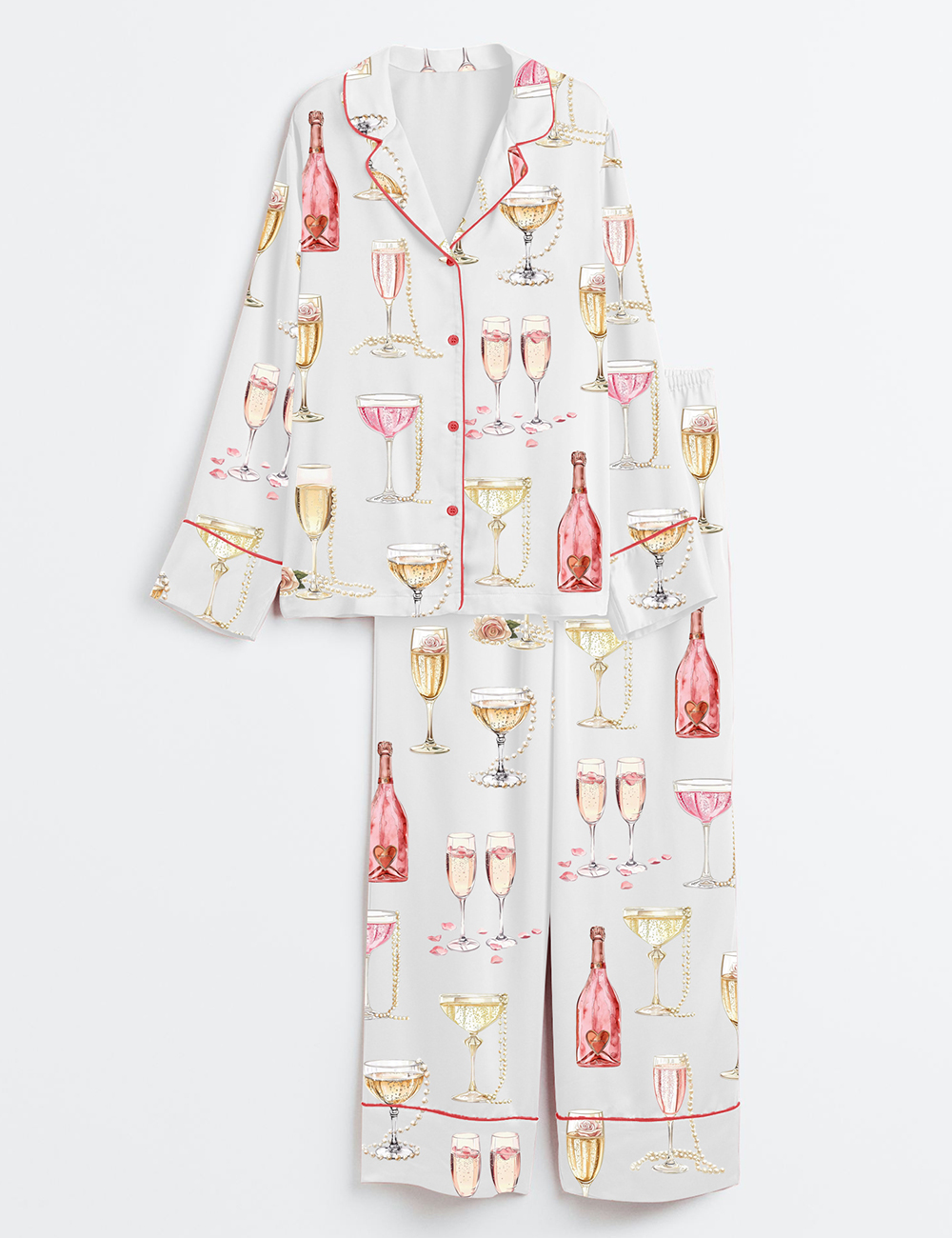 Womenâ€™s Pearls And Prosecco Bridal Shower Party Champagne Print Long Sleeve Satin Pajama Set