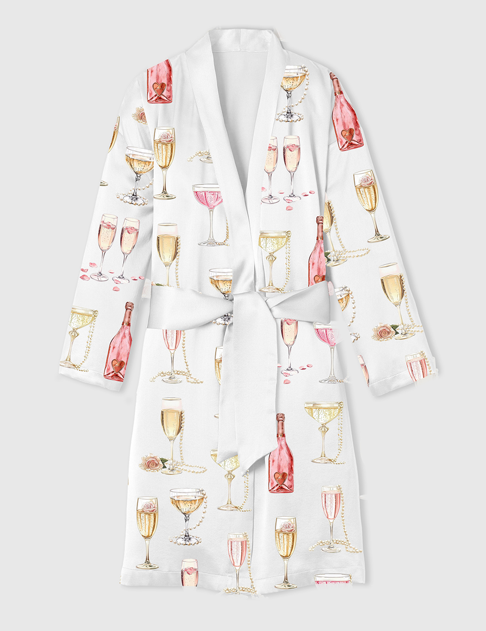 Womenâ€™s Pearls And Prosecco Bridal Shower Party Champagne Print  Satin Bathrobe