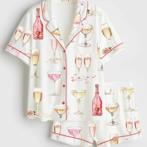 Womenâ€™s Pearls And Prosecco Bridal Shower Party Champagne Print Short Sleeve Satin Pajama Set