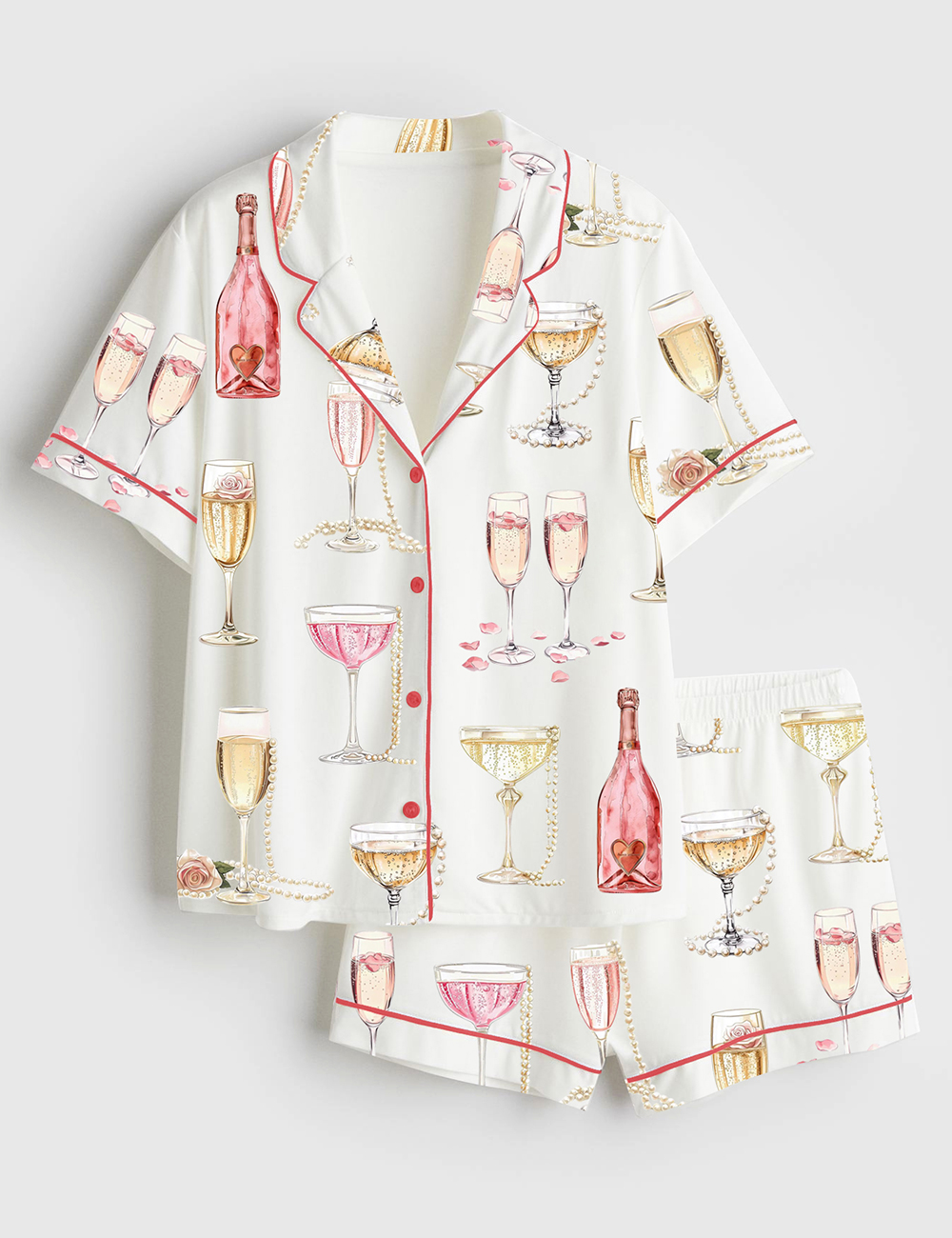 Womenâ€™s Pearls And Prosecco Bridal Shower Party Champagne Print Short Sleeve Satin Pajama Set