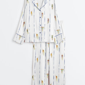 Womenâ€™s People Swimming In Pool Summer Minimalist Tiny Swimmers Print Long Sleeve Satin Pajama Set