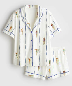 Women's People Swimming In Pool Summer Minimalist Tiny Swimmers Print Short Sleeve Satin Pajama Set