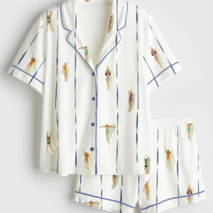 Womenâ€™s People Swimming In Pool Summer Minimalist Tiny Swimmers Print Short Sleeve Satin Pajama Set