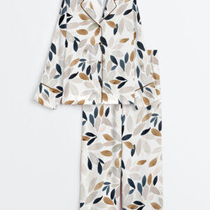 Womenâ€™s Petal Prism Leaves Botanical Blue Gray Tan Flower Print Long Sleeve Satin Pajama Set