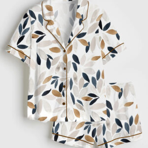 Womenâ€™s Petal Prism Leaves Botanical Blue Gray Tan Flower Print Short Sleeve Satin Pajama Set