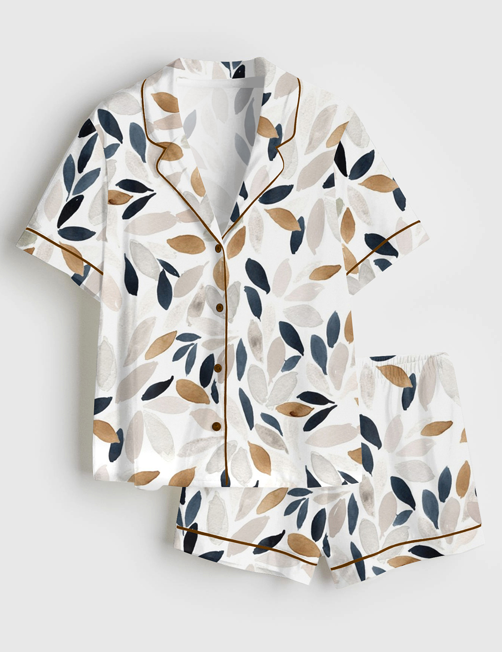 Womenâ€™s Petal Prism Leaves Botanical Blue Gray Tan Flower Print Short Sleeve Satin Pajama Set