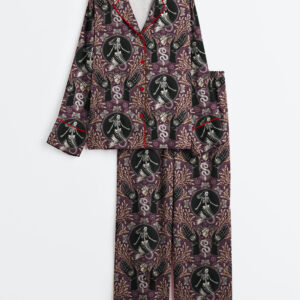 Womenâ€™s Phantasmagoria Mermaid Skeleton Hands Eyes Snake Scary Plants And Moths Halloween Long Sleeve Satin Pajama Set