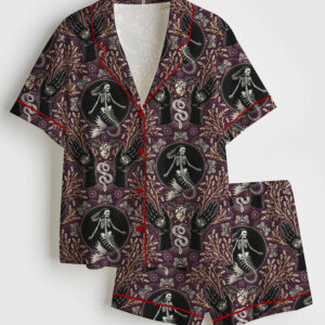 Womenâ€™s Phantasmagoria Mermaid Skeleton Hands Eyes Snake Scary Plants And Moths Halloween Short Sleeve Satin Pajama Set