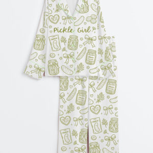 Womenâ€™s Pickle Lover Hand Drawn Coquette Pickle Jars Pickle Girls Print Long Sleeve Satin Pajama Set
