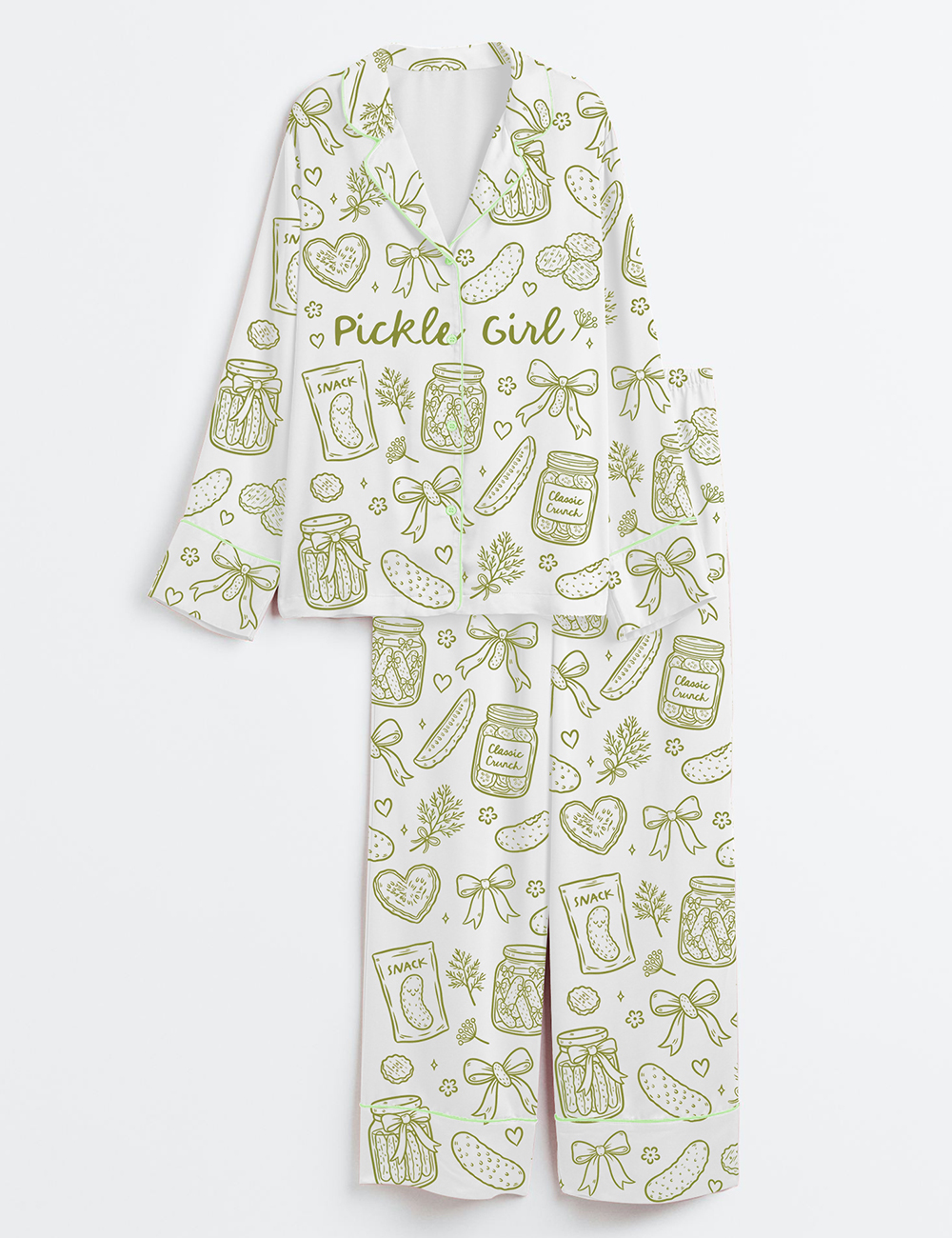 Women's Pickle Lover Hand Drawn Coquette Pickle Jars Pickle Girls Print Long Sleeve Satin Pajama Set