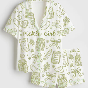 Womenâ€™s Pickle Lover Hand Drawn Coquette Pickle Jars Pickle Girls Print Short Sleeve Satin Pajama Set