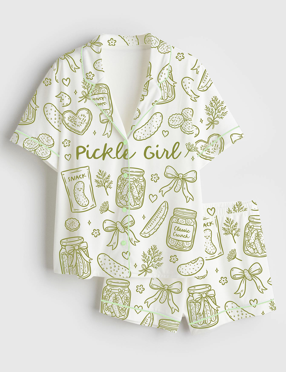 Women's Pickle Lover Hand Drawn Coquette Pickle Jars Pickle Girls Print Short Sleeve Satin Pajama Set