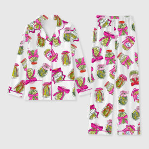 Women's Pickle Lover Pink Bows Long Sleeve Pocket Cotton Pajama Set