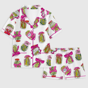 Women's Pickle Lover Pink Bows Short Sleeve Pocket Cotton Pajama Set