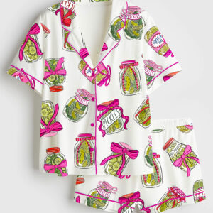 Womenâ€™s Pickle Lover Pink Bows Short Sleeve Satin Pajama Set