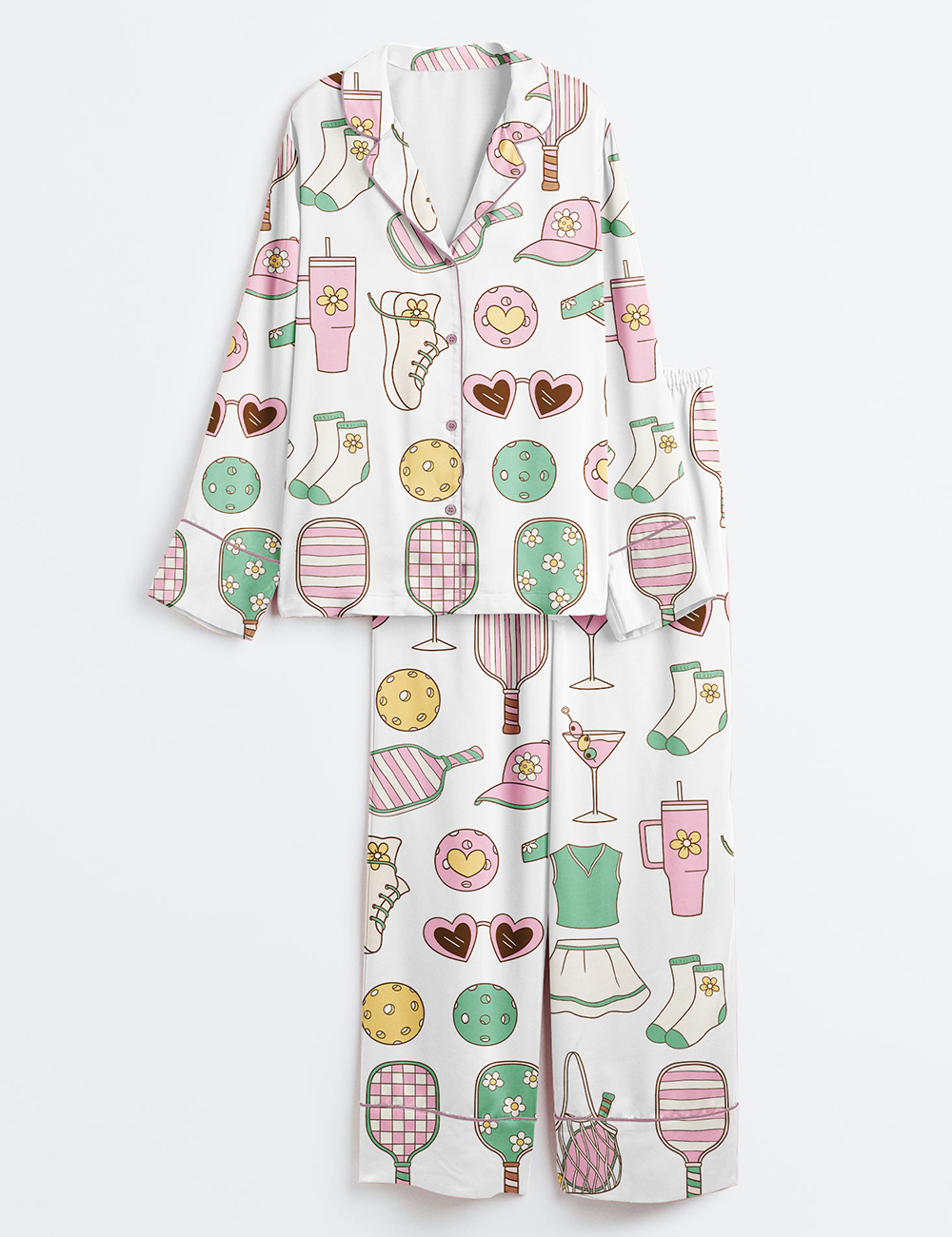 Womenâ€™s Pickleball Equipment Martini Long Sleeve Satin Pajama Set