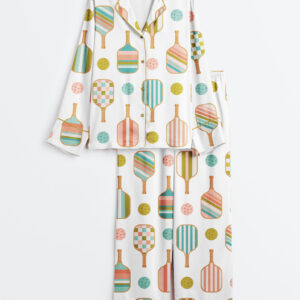 Women's Pickleball Paddle And Ball Long Sleeve Satin Pajamas Set